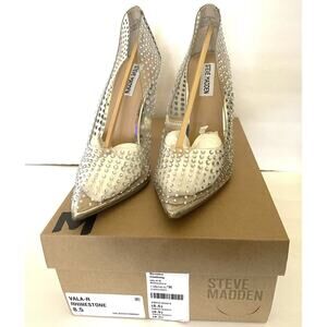 NIB Steve Madden Sz 8.5 Revolve Vala-R Rhnstn Clear Solid Silver Bck Panel Heels